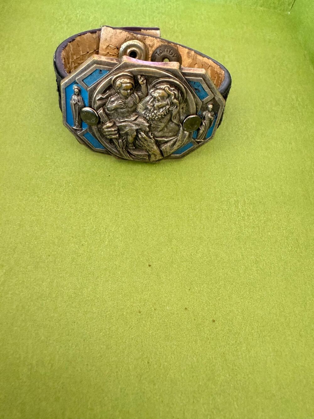 Vintage Handmade St. Christopher religious medallion leather bracelet
